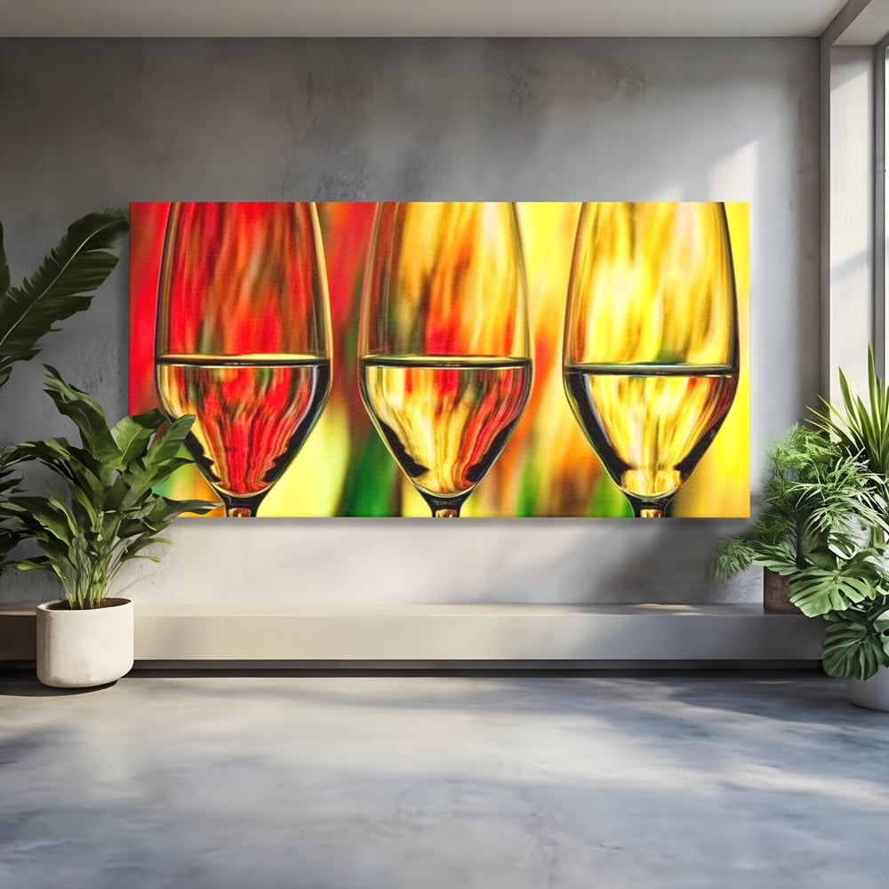 Tablou canvas cu pictura abstracta cu trei pahare de vin, fara rama, pe sasiu de lemn